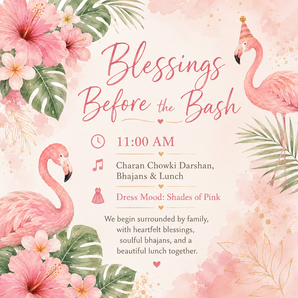 Blessings Before The Bash invitation with prayer, lunch, and dress details