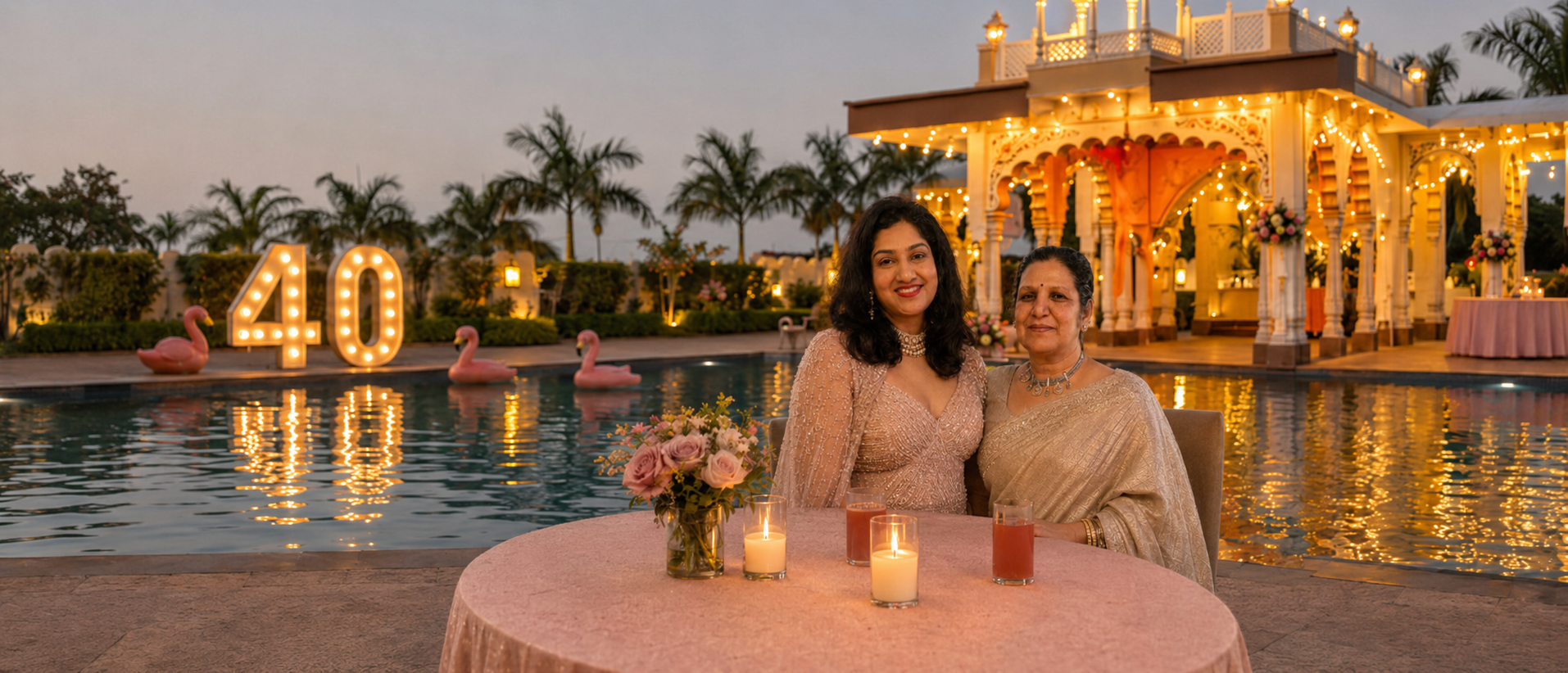 Bhargavi celebrating her fortieth birthday with her mother beside a decorated palace pool