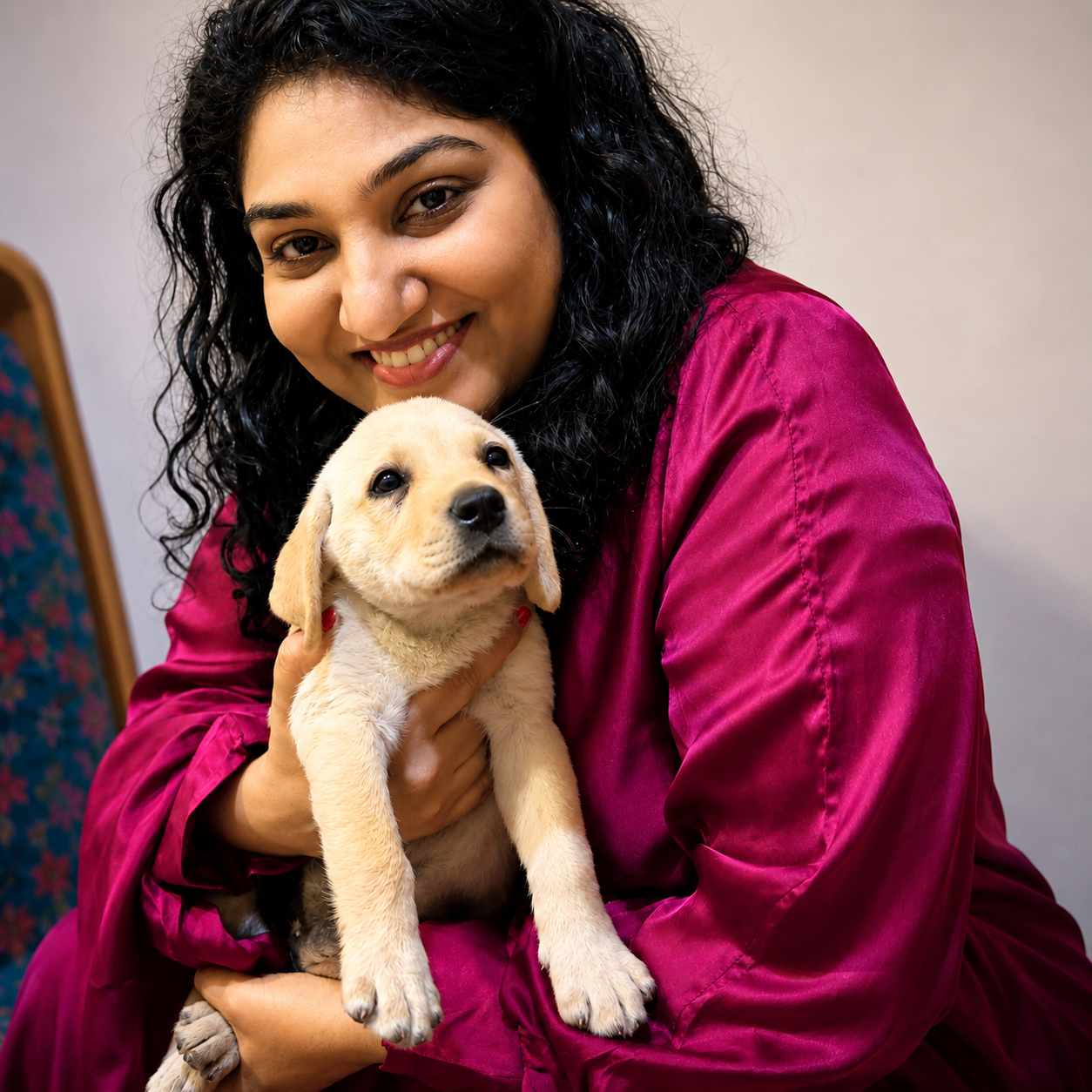 Bhargavi celebrating beside Oreo, her golden Labrador