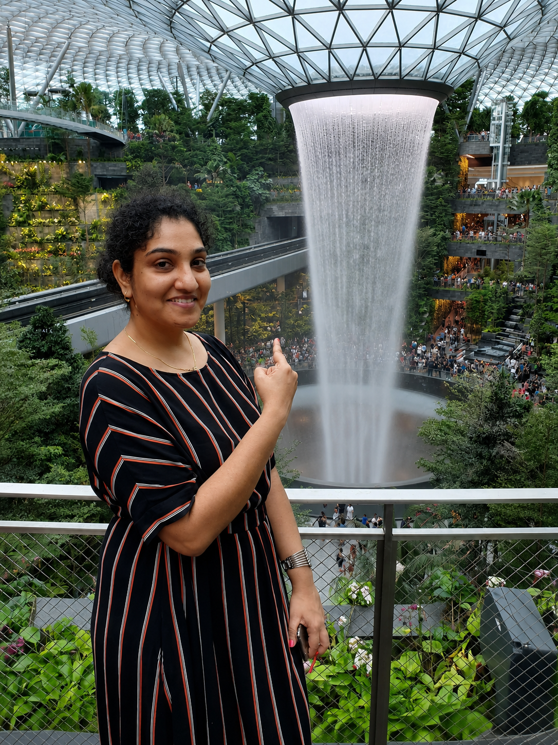 Bhargavi at Singapore's indoor waterfall